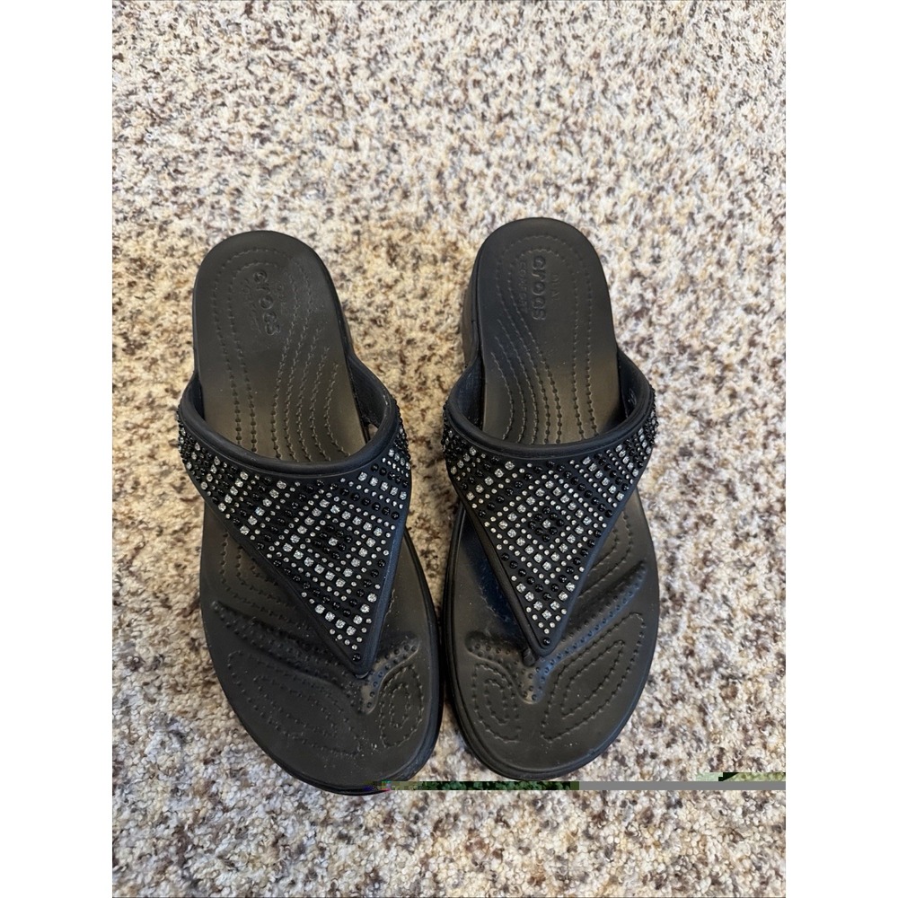Crocs New Sandals Womens-11 Monterey Shimmer Wedge‎ Thong Flip Flops Black